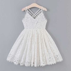 Girl's Dresses New Baby Girls White Pink Lace Dress Kids Solid Color Crochet Spaghetti Strap VNeck Backless Tied Braces Wedding Party Dress Z0223