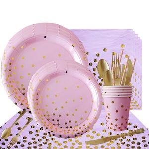 Disposable Dinnerware Pink Gold Dot Baby Girl Party Tableware Paper Cup Plate 1st Birthday Decor Kids Shower Supplies
