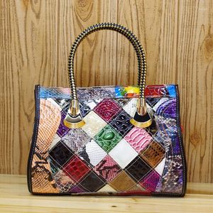 Evening Bags Genuine Leather Colorful Plaid Snake Pattern Handbag Color Block Random Stitching Shoulder Bag Shiny Tote 498