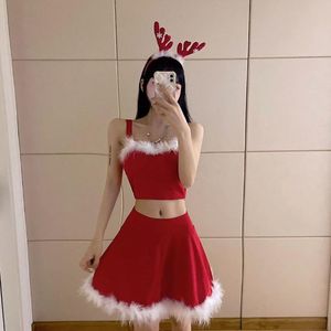 Men's T Shirts Short Camisole Vest Fluffy Skirt Sexy Two-piece Temperament Korean Fashion Stitching Kawaii Christmas SuitMen's