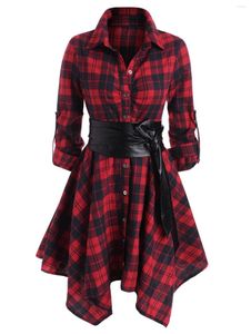 Casual Dresses Women Plaid Belted Roll Tab Sleeve Handkuftklänning Vestidos Spring Long A-Line Party Gothic 2023
