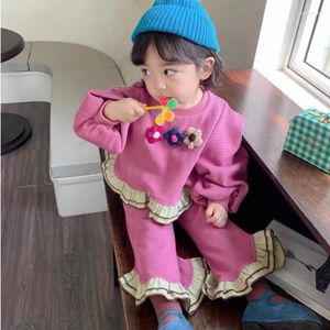 Clothing Sets Children 2023 Spring Autumn Girls Clothes Set Baby Girl Round Neck Puffed Sleeves Flower Ruffle Pants Two Pieces