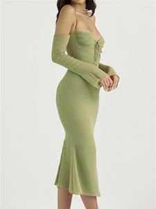 Casual Dresses Itfabs Women Party Vestidos Halter Strap Low Cut Tie-up Fishtail Elegant off-Shoulder Långärmad wrap midi klänning