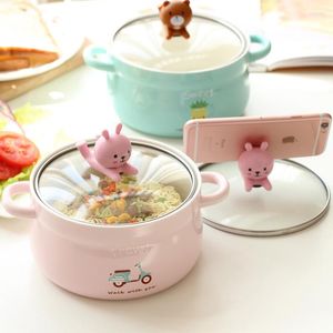 Bowls Cartoon Noodle Bowl With Glass Cover Animal Mobile Phone Bracket Ceramic Biaural Soup Lovely Student Dormitory