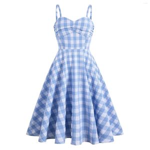 Casual Dresses Women Party Sexig Summer Dress Blue Plaid tryckt Spaghetti Rem sundress A Line Swing Rockabilly Retro Vintage Femme