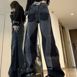 Damen-Jeans, Schwarz und Grau, Sinn für kollidierende Farbe, gerade Jeans, Herbst-Winter, hohe Taille, schlankmachende, lockere Hose mit weitem Bein, 230222