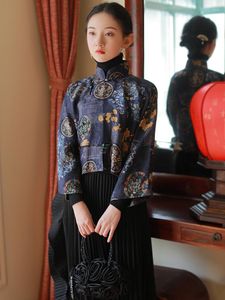 Etniska kläder 2023 Autumn Chinese Style Traditionell Hanfu Top Print Cheongsam Oriental Blue Elegant Festival Party Dress Qipao PD