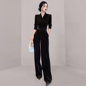 Kvinnors jumpsuits Rompers JSXDHK Runway Elegant Autumn Winter Velvet Jumpsuit For Women V Neck High midja långärmad snörning upp bältet Wide Leg Rompers byxor 230223