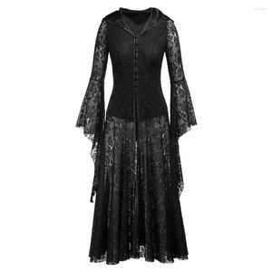 Vestidos casuais vestido com capuz gótico para mulheres Medieval Victorian Masquerade Roupas de renda preta Hollow Maxi Party vestidos