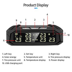 E-ace K10 Solar TPMS Car Car Pressure Monitor System System Term Digital Display Display Auto Security Inder Systems مع 6 أجهزة استشعار