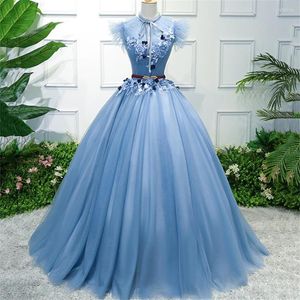 カジュアルドレスQuinceanera Dress Bow Neck Long Inguny Tulle Blue Plet Seveless Mesh Sweet Fairy Party Gowns for Women