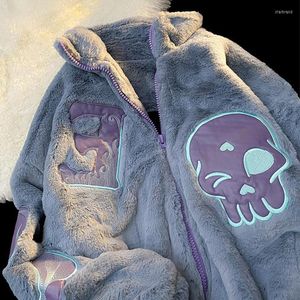 Damen Jacken Y2k Punk Skulls Patch Print Downy Mäntel Stehkragen Zip Up Winter 2023 Mode Steetwear Lose Casual Parkas Grunge