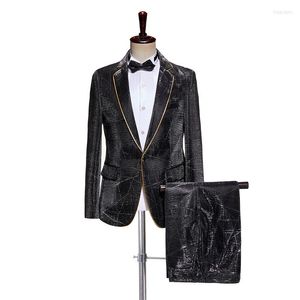 Herrenanzüge, glänzender glitzernder 3-teiliger Herrenanzug (Jacke, Hose, Fliege), Herren-Set, Schwarz, Königsblau, Ein-Knopf-Smoking, Party-Hochzeitskostüm