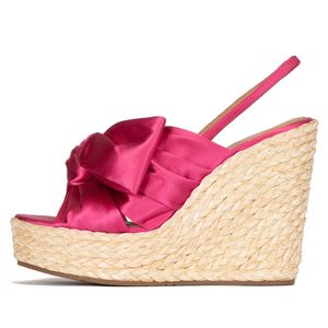 2023 Summer New Satin Wedge Heel Women's Sandals Bowknot Waterproof Platform Woven European American Style Woman Shoes