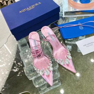 Aquazzura tasarımcı sandalet yüksek kaliteli yeni kadın topuklar terlik deri kristal elmas kolye seksi gelinlik ayakkabıları kaydırıcılar