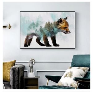 Nordic Posters And Prints Wall Art Canvas Painting Abstract Animal Wall Pictures For Kids Room Landscape Forest Bear Fox Wolf Woo