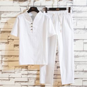 Men's Tracksuits Arrival Cotton and Linen Short Sleeve TshirtAnkle Length Pant Set Solid ShirtTrousers Home Suits Male Size M5XL 230222