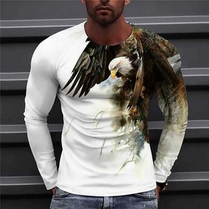 Herren-T-Shirts, Herren-Adler, handgemaltes Muster, lässige T-Shirts, Langarm, Streetwear, 3D-Tierdruck, Hip Hop, männliche Tops, T-Shirt, Übergröße, 6XL, 022223H