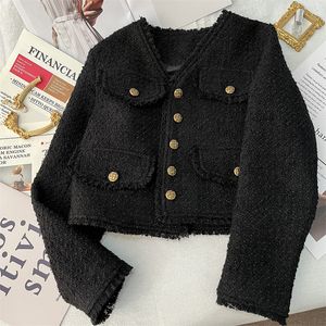 Kadın Ceketler Kore Moda Kısa Tweed Ceket Kadınlar Sonbahar Kış Uzun Çevlenmiş Tassel Black Basic Chic Coats Tek Yemeli Dış Giyim 230222