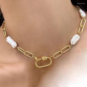 Choker Punk Hip-hop Style Openable Carabiner Pendant Necklace Handmade Irregular Pearl Gold-color Chain Jewelry For Women Party Fashion