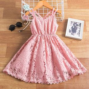 Vestidos de menina Sling rosa Princesa Girl Dress Férias Vestido de renda de verão Casual vestindo 3 6 7 8 anos Crianças roupas garotas garotas vestidos z0223