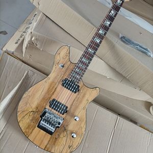 6 Strings Natural Wood Color Electric Guitar with Spalted Maple Veneer Floyd Rose Rosewood Fretboard Customizable