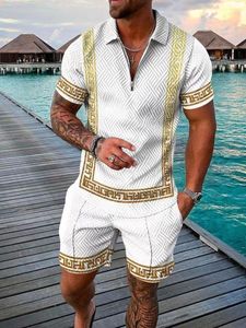 Men's Suits Men's Summer Tracksuit Luxury Gold Chain Polo Shirt Set Turn Down Collar Zipper Clothing Streetwear Casual Outfit Suit