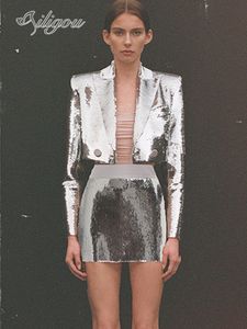 Dwuczęściowa sukienka Ailigou Najnowszy projekt projektantów 2023 Mody dla kobiet luksusowe cekiny Sexy Strass Diamonds Krótki garnitur Mini 230222
