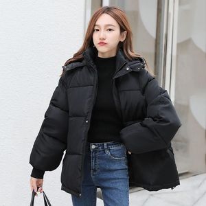 レディースダウンパーカー韓国スタイル冬の女性ジャケット特大のゆるいフード付き女性パフジャケットショートパッド付きソリッドレディースコート