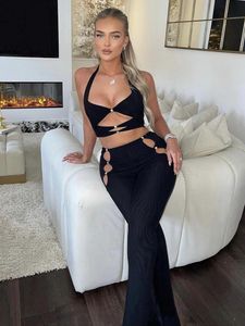 Women's Two Piece Pants Women 2 Outfits For Summers Bodycon Bandage Halter Bustier Top High Waist Skinny Suits Street Fitness ClothingWomen'