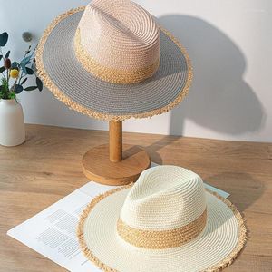 Breda brim hattar sommar retro färg matchande halm fedora hatt mode casual panama strand för kvinnor semester v9p8bred