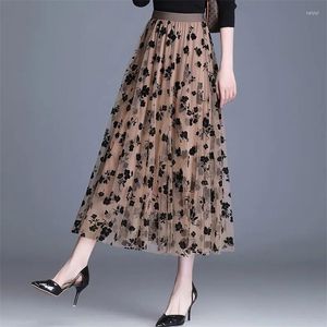 Skirts Floral Skirt Half-length Fairy Spring Summer Pleated A-line Mid-length High Waist Mesh Maxi
