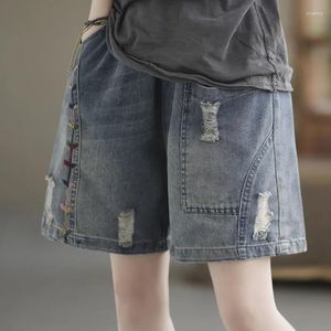 Women's Shorts Women's Denim Femal High Elastic Waist Loose Fit Short Pants With 2 Pockets Retro Hole Jeans Embroidery