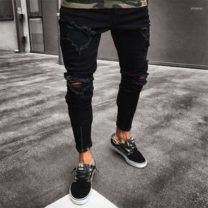 Mäns jeans hiphop förstörde frayed smal fit svarta denim byxor herr cool designer blixtlås rippad mager