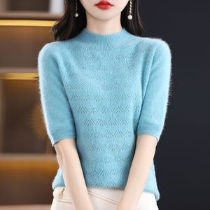 Zweiteiliger Hosenpullover für Damen, koreanischer Kurzärmeliger Wollnahtloser ReadytoWear HollowedOut HalfHigh Neck TShirt Slim Pullover Bottom 230224