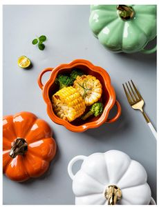 Bowls With Lid Ceramic Pumpkin Bowl Handle Salad Fruit Soup Home Kitchen Microwave Oven Exquisite Decorative Tableware