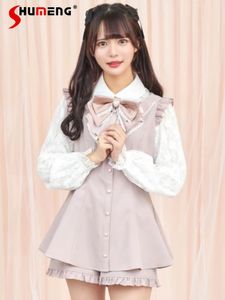 Kadın İki Parça Pantolon Japon Lolita Şort Takım Elbise Öğrenciler Nakış Yay Üstleri Kadın ve Yüksek Bel Pileli Mini Set 2 Parça 2023 Bahar 230224