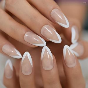 False Nails White V Shape French Medium Stiletto Press On Natural Color Predesigned Tips With Glue Sticker