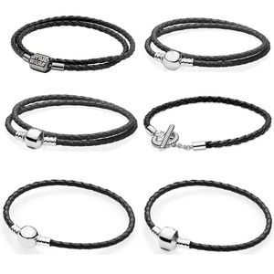 Pandora-925 Sterling Silver Dangle Charms Bracelet Leather Rope Fivela em forma de T para fivela em forma de fivela de pulseira de pulseira de pulseira de couro