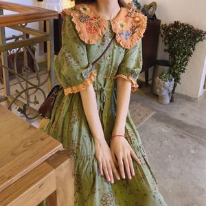 Sıradan Elbiseler Vintage Çiçek Nakış Lolita Dresswomen Yaz Kawaii Peter Pan Yakası Gevşek Elbise Zarif Lüks Yüksek Bel Parti Vestidos 230224