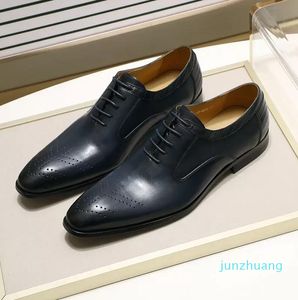 2023 New Genuine Leather Men's Dress Shoes Handmade Office Business Wedding Blue Black Luxury 22 Up Formal Oxfords Mens Sho3390