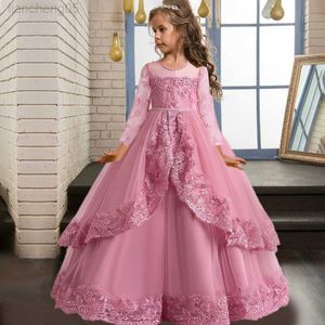 Girl's Dresses Formal Lace Bridesmaid Dresses for Girl Children Clothing Flower Long Sleeve Princess Party Dresses Girls Wedding Gown Vestidos W0224