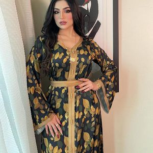 Dubai print moslimvrouwen kleedt etnische kleding Turkije India Ramadan Abaya Belt jurken Jilbab Islamitische Vestido Marokkaanse Kaftan Arabische elbise Autum