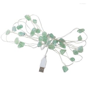 Natürliche grüne Fluorit-Lichterketten, Kristallschnur für Rohsteine, 3 m, 30 LEDs, USB-betrieben, heilende Reiki-Ornamente