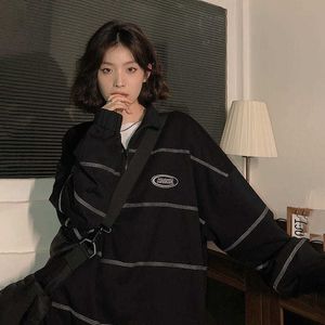 レディースフーディーズスウェットシャツHouzhou Harajuku Black Sweatshirt Women Korean Fashion Streetwear Striped Phoodie Vintage Hip Hop Pullover Aesthetic特大230224