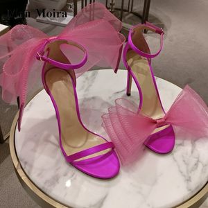 Sandálias MONMOIRA 42 Tamanho Rosa Tule Laço Salto Alto Strappy Feminino 2023 Verão Elegante Feminino Festa Baile de Formatura Sapatos de Casamento 230223