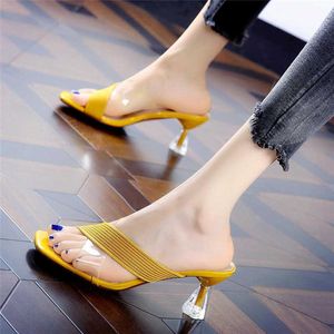 Sandaler Comemore 2021 Kvinnliga tofflor Kvinnor Fashion High Heels Transparent Medium Heel Elegant Summer For Girls Women's Shoes 34 Y2302