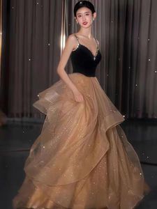 Party Dresses Gold Black Velvet Prom Spaghetti Strap A-Line V Neck Sparkly Ruffles Pleat Luxury Woman Evening Celebrity Gown