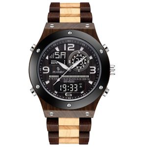 Principal de pulso Luxo Wooden Watch Men Quartz Eletrônico Display Dual Top Wristwatch Mens Relógio Bamboo Relógios masculinos Moda à prova d'água