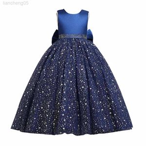 Flickans klänningar Kids Girls Stars Dots paljetter Party Princess Dress Teenager Ball Gown Bow Lace Evening Weddings Prom Come 3 ~ 12 Years Clothes W0224